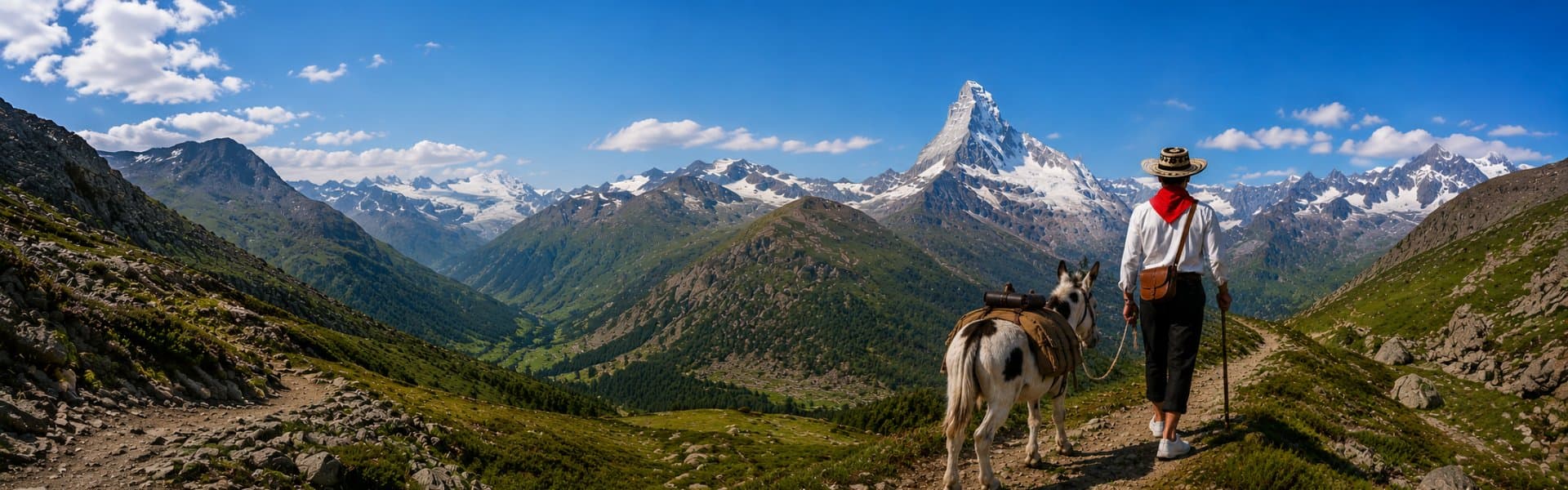 Ein Mann mit Sombrero vueltiao führt einen Esel durch die Schweizer Alpen, im Hintergrund das Matterhorn