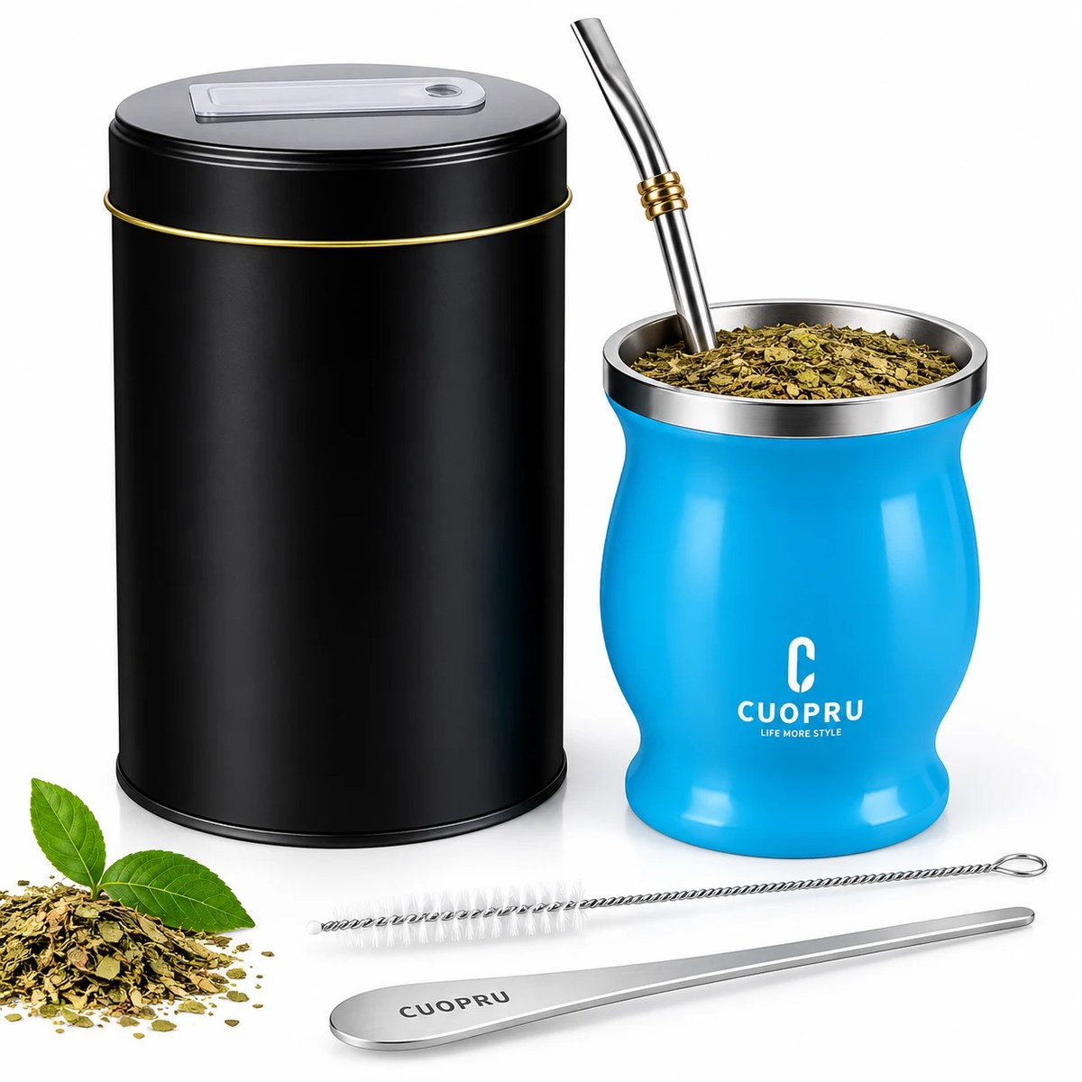 Mate-Set mit Bombilla und Teedose – 6-teilig, blau